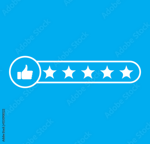 Five Star Rating with thumbs up icon. Rating stars customer positive feedback for quality service. Consumer or customer review rating icon vector.  Product Positive review of customer Survey. Eps 10