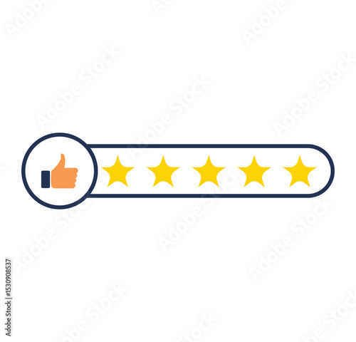 Five Star Rating with thumbs up icon. Rating stars customer positive feedback for quality service. Consumer or customer review rating icon vector.  Product Positive review of customer Survey. Eps 10