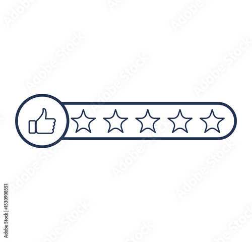 Five Star Rating with thumbs up icon. Rating stars customer positive feedback for quality service. Consumer or customer review rating icon vector.  Product Positive review of customer Survey. Eps 10