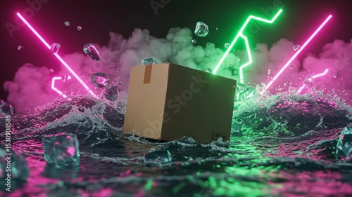 Box floating in neon waves with ice and smoke effects