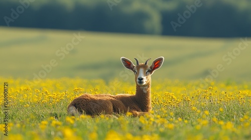 Cute goat in a field with yellow flowers, close-up. Rural area, natural landscapes, farms.