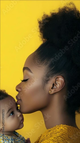 A woman in a fashionable yellow outfit tenderly holds a baby. The vibrant backdrop and her loving gaze emphasize the precious bond between mother and child.
