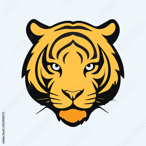 Tiger head graphic design with bold lines and bright colors. Front view of tiger's face with intense expression against a plain background.