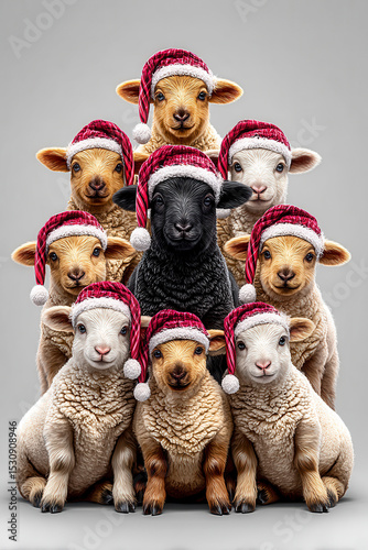 Adorable Group of Lambs in Christmas Hats Celebrating the Holiday Season