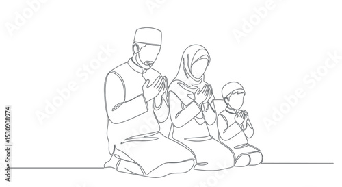 Muslim Family Praying Together - One Line Art Vector Illustration