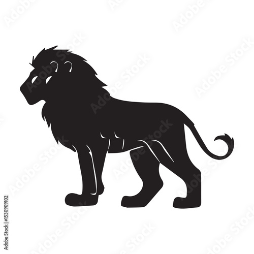 Lion silhouette in profile view. Powerful animal stance with natural setting. Wildlife emblem for general use -
