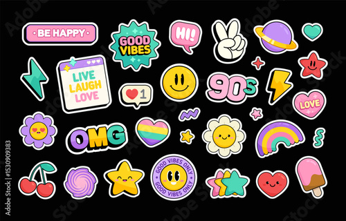 Set of Cute retro stickers in trendy groovy 90s art style. Vintage Kawaii icons collection. Cute decoration elements of: smile, happy emoticons, rainbow, flower, hearts, motivations text signs