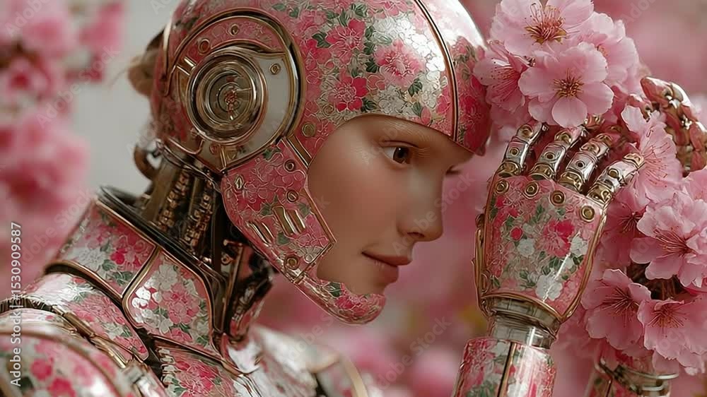 Robot with floral armor surrounded by cherry blossoms in a futuristic springtime setting