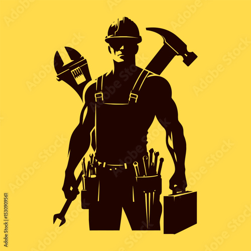 Silhouette of a construction worker with tools. Builder man vector illustration.
