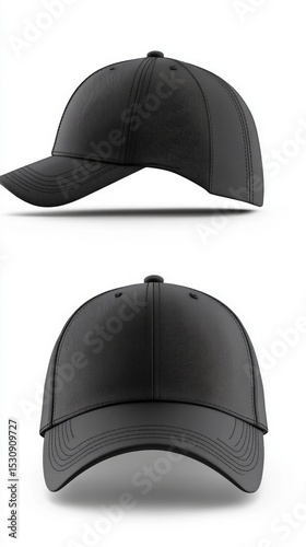 Black baseball cap with white background on top and front. Useful for advertising clothing, accessories and fashion trends.