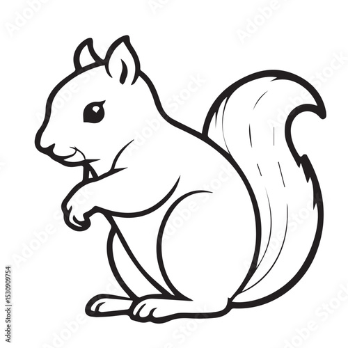 Black and white outline illustration of a squirrel in a profile view, simple style, suitable for coloring books or educational materials. Cute cartoon squirrel in a side view, outlined for coloring.