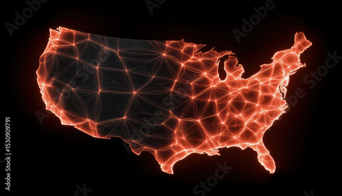 Glowing network map of United States with interconnected points and lines showing digital connections and data flow in vibrant orange light