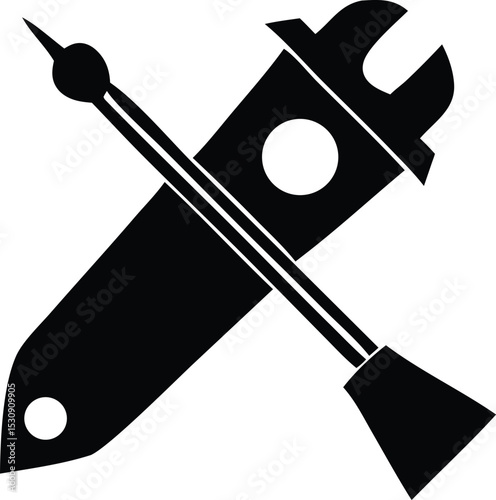 Abstract design featuring crossed tools a wrench and a precision instrument