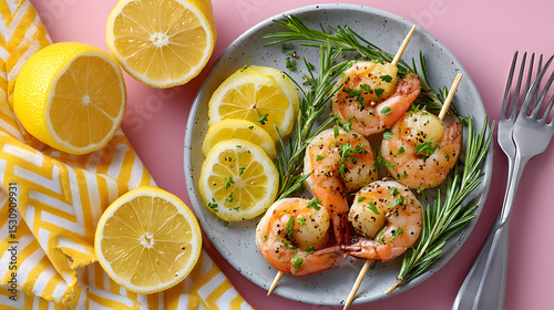 Grilled shrimp skewers garnished with fresh herbs and lemon slices on a plate, showcasing vibrant colors and appetizing presentation for culinary delight. Selective focus