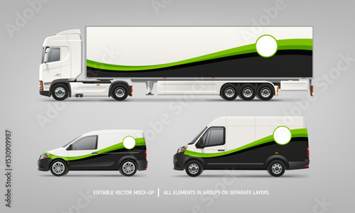 Side view Van, Truck mockup with green stripe branding design (set 8). Brand identity of green stripe for your logo design space. Branding vehicle. Horizontal AD banner. Editable vector template