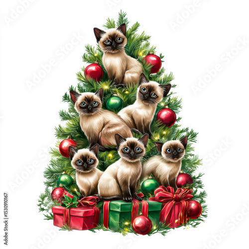 Festive Siamese Cats Adorning a Christmas Tree with Gifts and Baubles