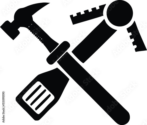 Black and white icon of crossed construction tools hammer ruler and screwdriver