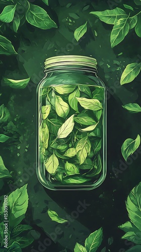 Green Tincture Jar of Leaves in Liquid, Surrounded by Foliage