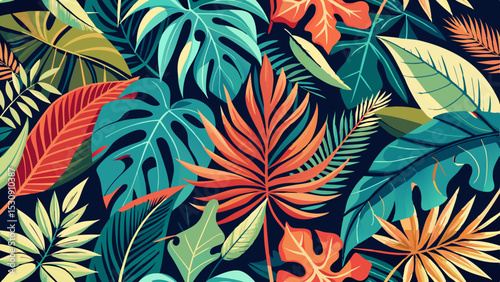 Colorful Tropical Leaf Pattern – Vibrant Botanical Background Illustration