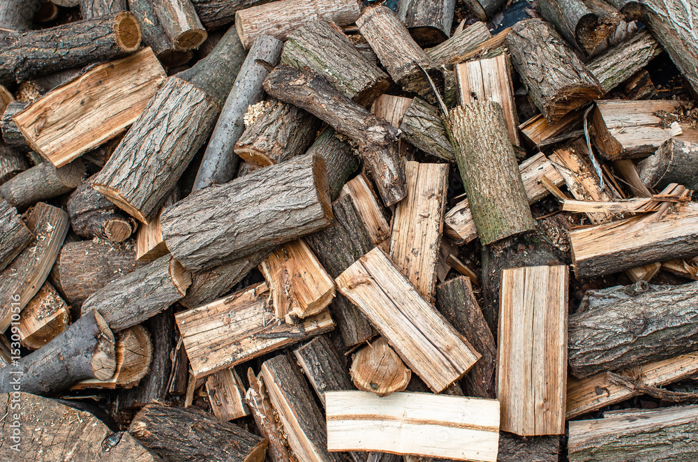 Scattered pile of chopped firewood. Stacking firewood. Chopped firewood for winter. Abstract background of chopped logs. Scattered pile of chopped firewood. Stacking firewood. Chopped firewood for winter. Abstract background of chopped logs.