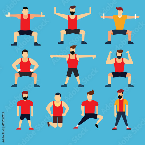 Nine diverse male fitness poses guide for workout routines and exercises