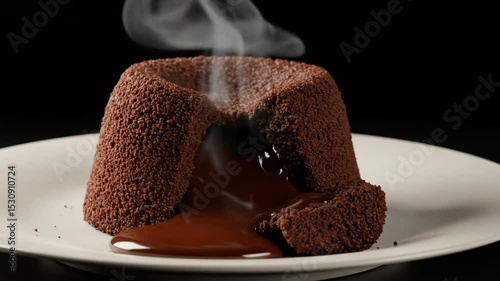 Molten Chocolate Cake: A warm, gooey chocolate lava cake, freshly baked and steaming, oozing rich chocolate sauce onto a white plate. The perfect dessert image for food blogs, restaurant menus.