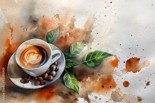 Coffee Composition with Espresso, Roasted Beans and Plant Leaves. Watercolor. Generative AI