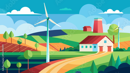 Sustainable Countryside Farm with Wind Turbines and Rolling Hills