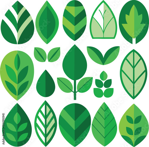 Collection of diverse green leaf illustrations in geometric styles