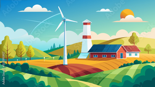 Sustainable Countryside Farm with Wind Turbines and Rolling Hills