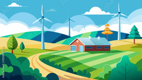 Sustainable Countryside Farm with Wind Turbines and Rolling Hills