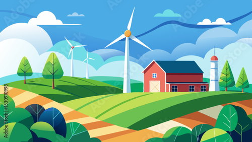 Sustainable Countryside Farm with Wind Turbines and Rolling Hills