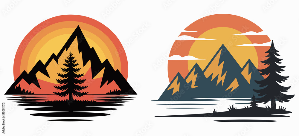 Obraz premium Sunset Mountain Scene with Pine Tree Nature Vector Design. Vintage Wilderness Landscape for Outdoor Hiking Adventure Shirt. Vintage Mountain Sunset Nature T-Shirt Design.