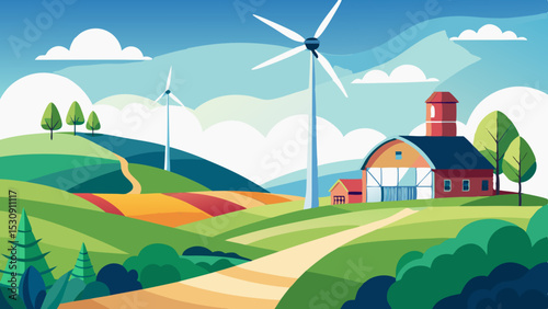 Sustainable Countryside Farm with Wind Turbines and Rolling Hills