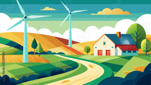 Sustainable Countryside Farm with Wind Turbines and Rolling Hills