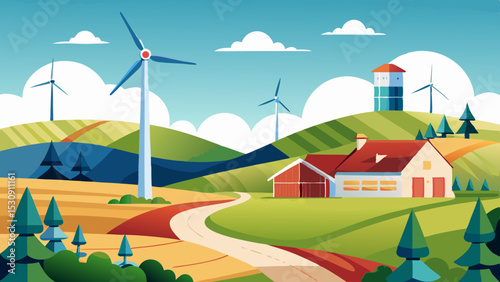 Sustainable Countryside Farm with Wind Turbines and Rolling Hills