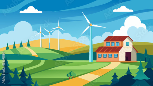 Sustainable Countryside Farm with Wind Turbines and Rolling Hills