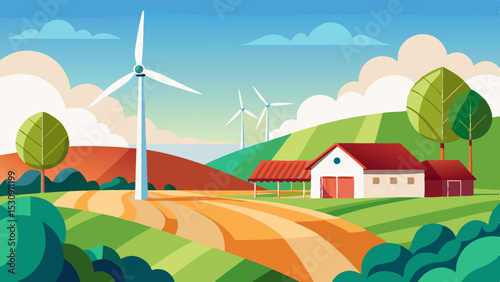 Sustainable Countryside Farm with Wind Turbines and Rolling Hills