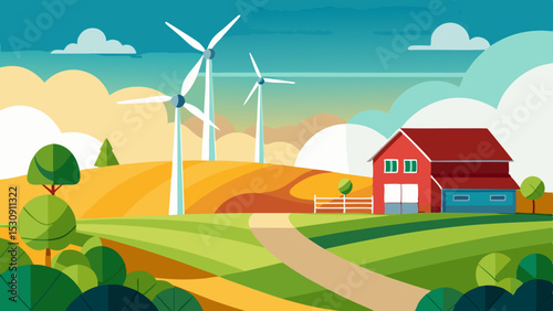 Sustainable Countryside Farm with Wind Turbines and Rolling Hills