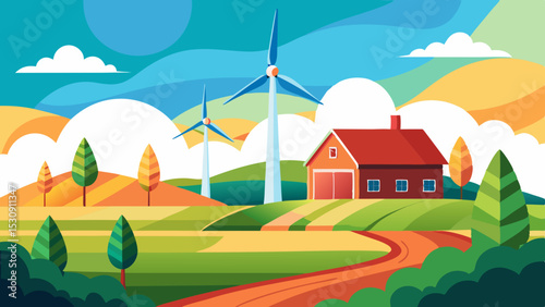 Sustainable Countryside Farm with Wind Turbines and Rolling Hills