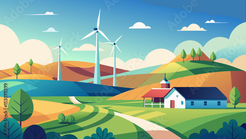 Sustainable Countryside Farm with Wind Turbines and Rolling Hills
