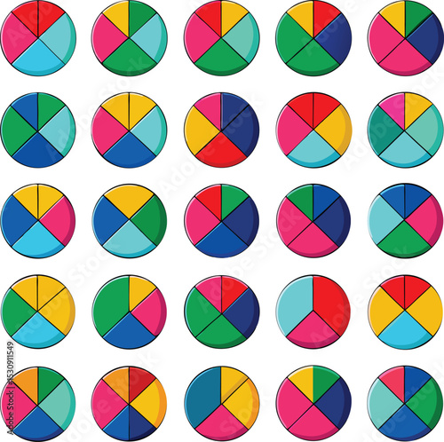 Collection of colorful five section pie charts with varied color arrangements