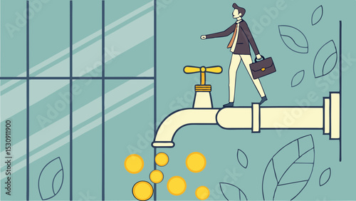 Opportunity for successful, financial, and wealth growth investment, SVG Vector businessman stands faucet that is dispensing coins,