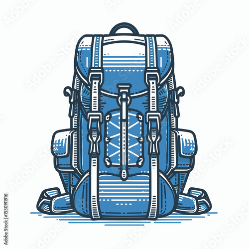 Durable backpack in blue tones with detailed illustration and outdoor style