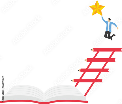 Invest in knowledge. Knowledge creates success. businessman on a book with stairs stock illustration


