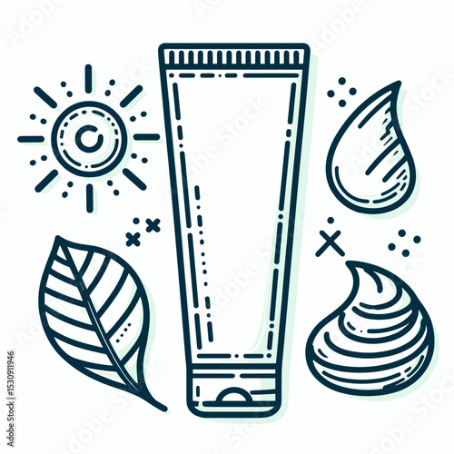 Sunscreen tube surrounded by nature elements in trendy line art style
