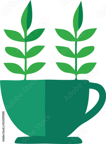 Illustration of two green plants growing from a teal teacup