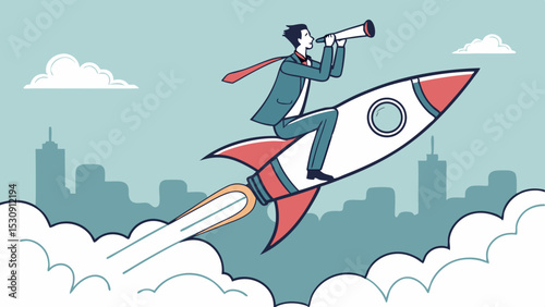 Ambition and exploration, SVG Vector businessman uses spyglass while soaring through sky rocket,