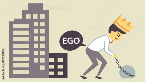 Burden of EGO, Vector businessman wearing crown is dragging heavy chain,