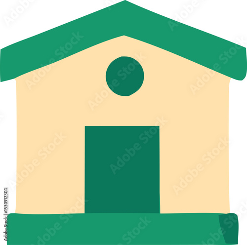 Simple cartoon house illustration with green roof and door